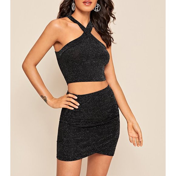 Black Silver Glitter Halter Top and Mini Skirt Set - Picture 5 of 6
